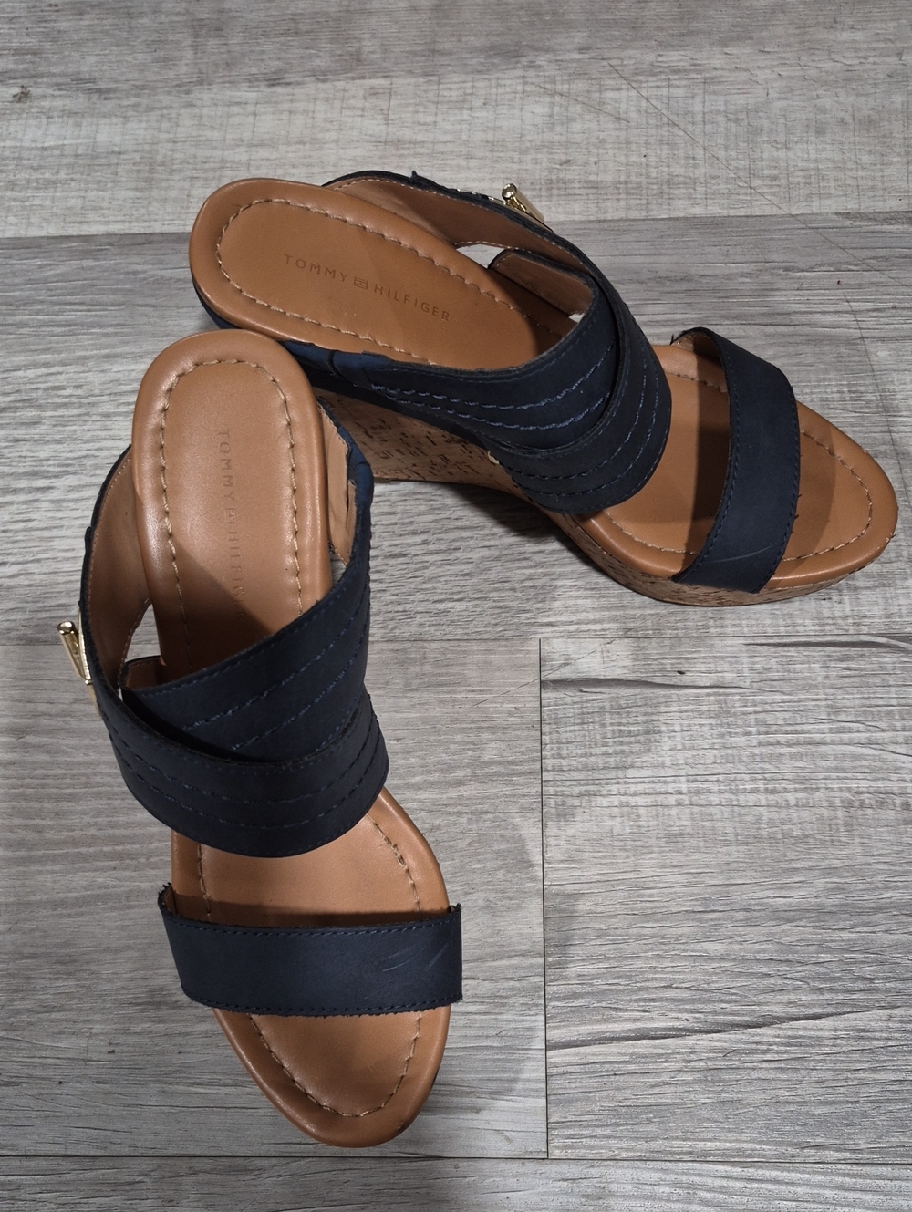 Tommy Hilfiger Navy and Tan Cork-Look Wedge Sandals